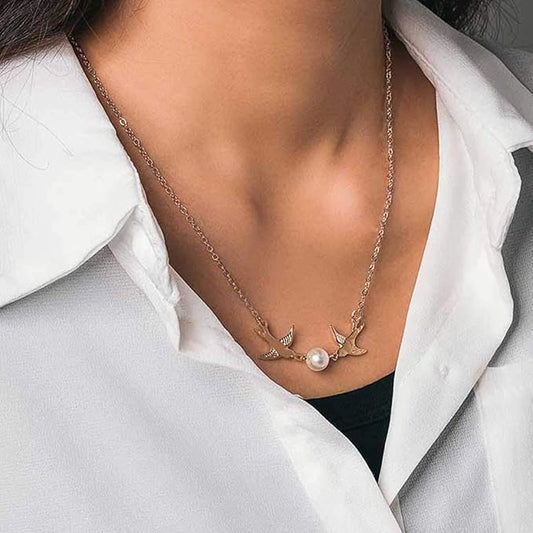 Vintage Pearl Necklace Long Birds Necklace Chain Pendant Necklaces Jewelry for Women and Girls (Gold)-VivaGrace Women