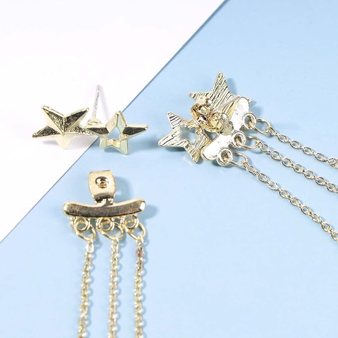 Boho Star Ear Jacket Earrings Gold Thin Bar Tassel Earrings Long Drop Chain Earrings Two Way Double Sided Earrings Jewelry for Women and Girls-VivaGrace Women