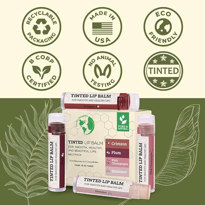 Tinted Lip Balm by Earth’s Daughter – 4 Pack of Assorted Colors – Beeswax, Coconut Oil, Cocoa Butter, Vitamin E – Moisturize and Beautify – Paraben Free-VivaGrace Women