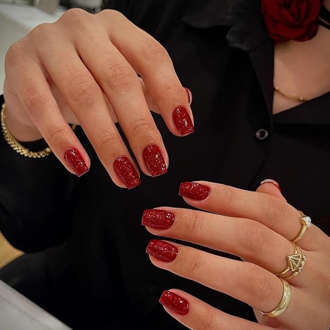 KQueenest Glitter Red Press on Nails Short, Shimmer Fake Nails Press ons Cute, Sparkle Acrylic Nails for Women, Cute Stick on Nails, Holiday False Nails with Bling Design 24 Pcs