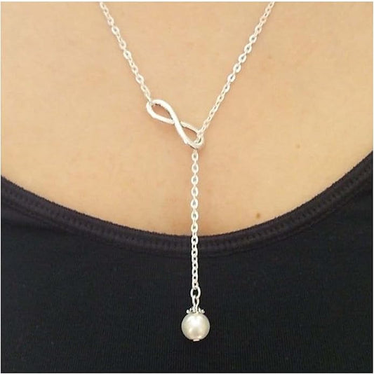 Boho Pearl Infinity Necklace Silver Y Pearl Necklace Minimalist Chain Y Lariat Necklace Chain Jewelry for Women and Girls-VivaGrace Women
