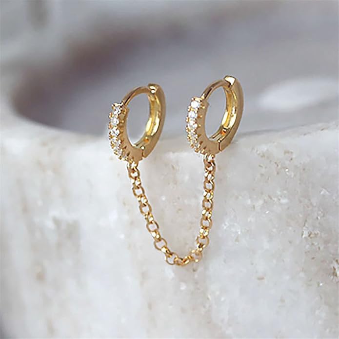 Boho Double Chain Hoop Earrings Gold Cz Hoop Chain Earrings Punk Dangle Chain Earrings Rhinestone Huggies Studs Earrings Jewelry for Women and Girls Gifts-VivaGrace Women