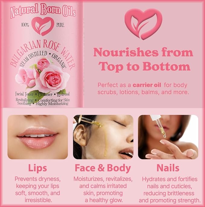 Natural Born Oils 8oz Rose Water Hydrosol, 100% Pure and Natural, Organic, Steam-distilled, Facial Toner Cleanser, with Sprayer, 8-Rose-Water-VivaGrace Women