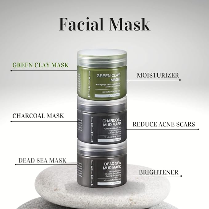 Clay, Dead Sea Mud & Charcoal Gel Face Mask Trio With Applicator, Deep cleansing Clay and Mask Applicator, Facial Therapy PH Balanced Hypo-allergenic-VivaGrace Women