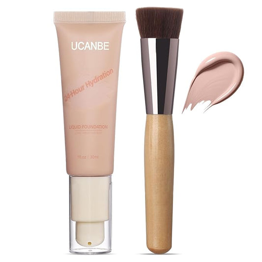UCANBE Matte Liquid Foundation with Brush, Serum Foundation Face Makeup with Hyaluronic Acid, Medium to Full Coverage Waterproof Oil Control Longwear, for Mature Skin, Natural Ivory, 1 fl. oz.-VivaGrace Women