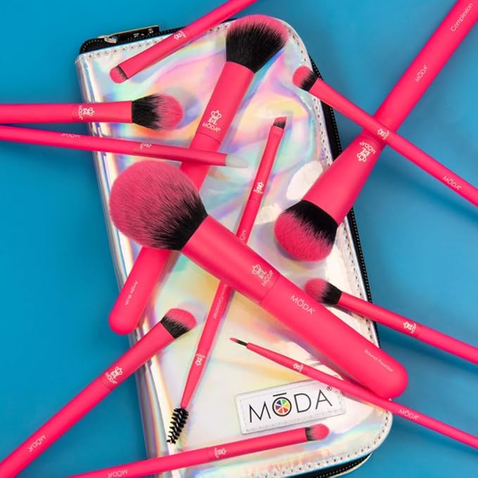 MODA Totally Electric Neon Full Face Makeup Brush Kit – 13pc Vibrant Brush Set for Face & Eyes with Zip Case (Neon Pink)-VivaGrace Women