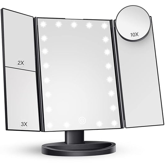 HUONUL Makeup Mirror Vanity with Lights, 2X 3X 10X Magnification, Lighted Mirror, Touch Control, Trifold Dual Power Supply, Portable LED Women Gift (Black)-VivaGrace Women