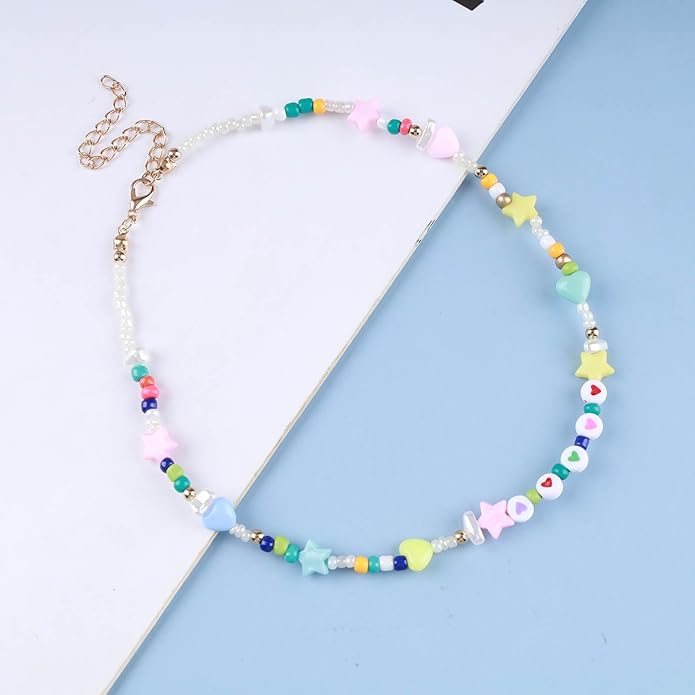 Vintage Seed Bead Choker Necklace Pearl Choker Necklace Colorful Star Heart Necklace Cute Rainbow Necklace Chain Jewelry for Women-VivaGrace Women