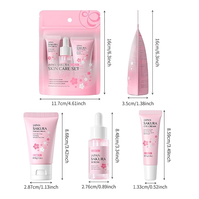 Skin Care Set JAPAN SAKURA Women Beauty Gift Sets Skin Care Kit with Serum, Eye Cream, Face Cream Travel Kit for Women Wife Mom Teen Girls TSA-friendly Sizes Birthday Gift 3pcs-VivaGrace Women