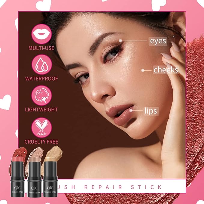 Face Sticks Trio, Blush Stick, Contour Stick, Highlighter Makeup Stick, Cream Blush Stick for Cheeks, Eyes and Lips, Facial Repair Bronzer Shading Stick, Smooth Shimmer Face Highlighter Wand-VivaGrace Women