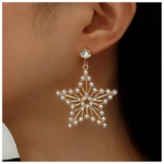 Vintage Pearl Star Drop Earrings Crystal Star Dangle Earrings Gold Rhinestone Stud Earrings Bohemian Large Star Statement Earrings Jewelry for Women and Girls Gifts-VivaGrace Women