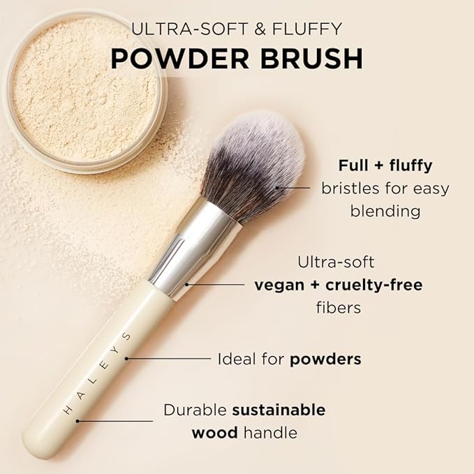 HALEYS Powder Brush VEGAN+CRUELTY-FREE, Soft, Streak-free, Perfect Blending, Buff, Blurs, Smooths, Control, Precision, Complexion tools, For powder, setting powder, blush, Sustainable Wood Handle-VivaGrace Women
