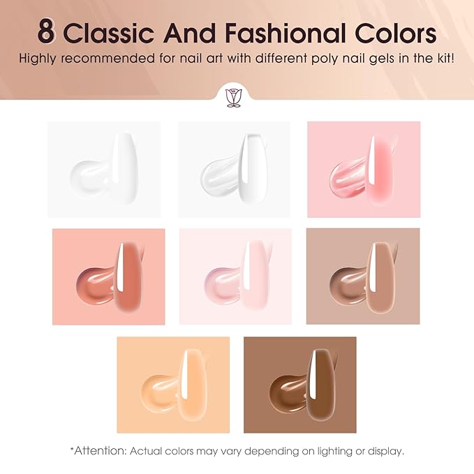 ROSALIND Poly Nail Gel Kit -8 Colors + Nail Art Accessories Kit Neon Poly Nails Gel Kit Starter Kit With Slip Solution Pro Clear Bright Colors Nail Extensions Gel Set with Mini UV Lamp-VivaGrace Women