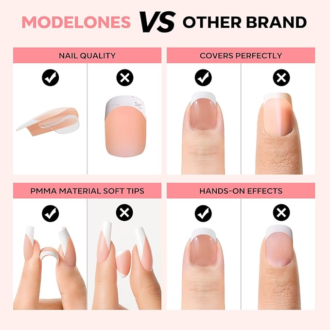 modelones French Tip Press on Nails, Short Square Fake Nails with Nail Box, Deep Nude Gel Nail Tips for Women, Soft Glue-On Nails for Natural Salon Look, DIY Nail Art Kit-VivaGrace Women