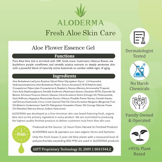 Aloderma Age-Defying Aloe Flower Essence Gel with 24K Gold Leaf, Made within 12 Hours of Harvest - Luxurious Aloe Gel with Allantoin & Hyaluronic Acid for a Shimmering, Youthful Complexion, 7oz 2-Pack-VivaGrace Women