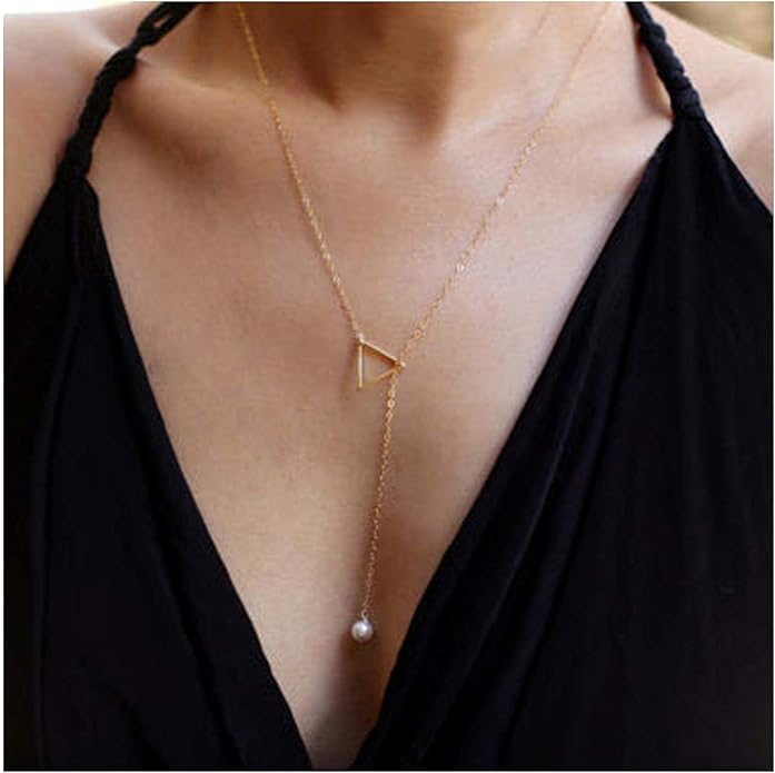 Boho Pearl Triangle Necklace Gold Y Pearl Necklace Minimalist Y Lariat Necklace Geometry Chain Jewelry for Women and Girls-VivaGrace Women