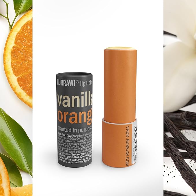 Hurraw! Vanilla & Orange Lip Balm, 3 Pack: Plastic-Free with new cardboard push-up tube. Certified Organic, All Natural Origin, Vegan & Cruelty Free. Gluten, Bee, Shea, Soy & Palm Free. Made in USA-VivaGrace Women