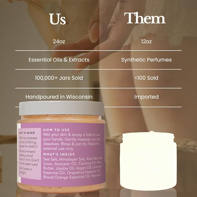 Bare Botanics Lavender Grapefruit Body Scrub 24 oz - Naturally Scented Himalayan Salt Scrub Made in Madison WI - Formulated w/Skin Loving Moisturizers - Cruelty Free Exfoliator w/a Cute Wooden Spoon-VivaGrace Women