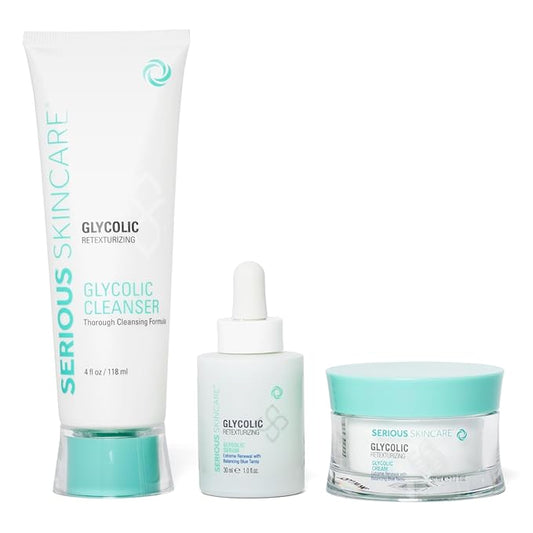 Serious Skincare Glycolic Skin Renewal Set - Retexturizing Serum - Facial Moisture Cream - Face Wash Cleanser - Balancing Blue Tansy Extract - Improve Appearance of Lines, Wrinkles and Enlarged Pores-VivaGrace Women