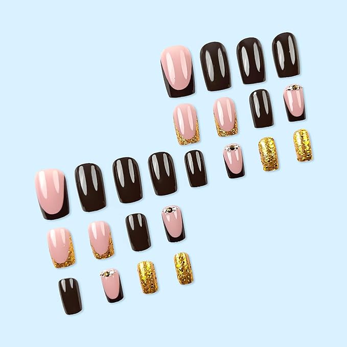 Medium Square Press on Nails French Tip Fake Nails Gold Glitter False Nails with Rhinestones Designs Sparkly Glue on Nails Acrylic Artificial Nails Cute Stick on Nails for Women 24Pcs