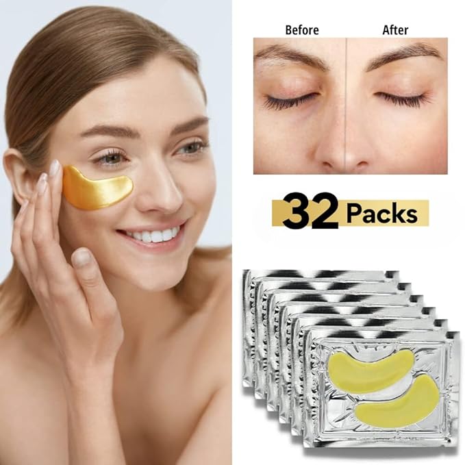 32 Pairs 24K Gold Under Eye Patches with 4 pieces of Lip Mask, Anti-Aging Eye Mask, Under Eye Mask Dark Circles and Puffiness, Wrinkles Patches with Hydrogel, Collagen Eye Pad-VivaGrace Women