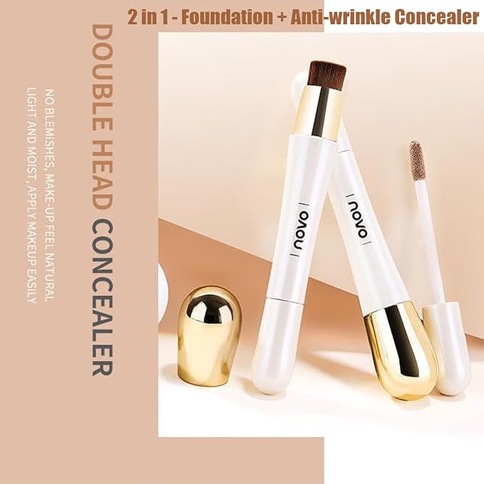 Happyhours 2 in 1 Foundation Anti-Wrinkle Concealer with Built-in Brush, Novo Foundation and Concealer Double Head Makeup Stick, Waterproof Long Lasting Anti-Wrinkle Concealer Foundation (2Pcs-01)-VivaGrace Women