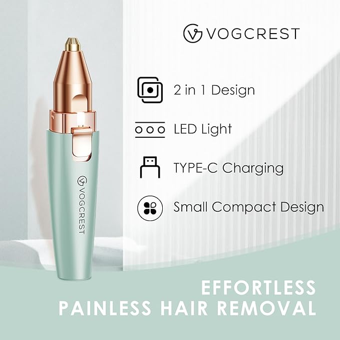 Eyebrow Facial Trimmer: 2 in1 Rechargeable Facial Hair Removal and Eyebrow Shaver - Face Lips Body Painless Facial Razor with Built-in LED Light (Pastel Green)-VivaGrace Women