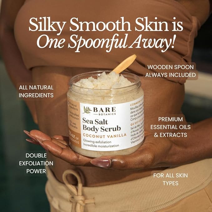 Bare Botanics Brown Sugar Body Scrub 20 oz - Naturally Scented Coconut Vanilla Sugar Scrub Made in Madison, WI - Formulated w/Skin Loving Moisturizers - Vegan, Cruelty Free w/a Cute Wooden Spoon-VivaGrace Women