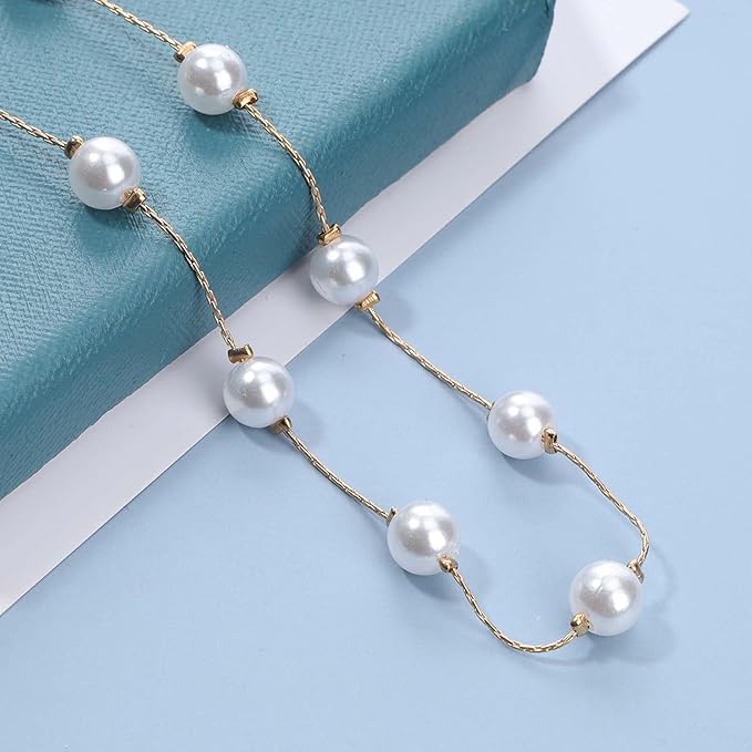 Boho Pearl Choker Necklace Floating Pearl Station Necklace Gold Tiny Pearl Beaded Necklace Chain Bridal Necklace Jewelry for Women and Girls Gifts-VivaGrace Women
