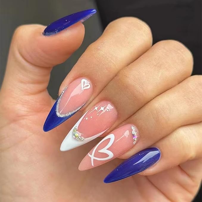 Stiletto Press on Nails Medium Blue Fake Nails Heart False Nails with Design Rhinestone Glue on Nails Artificial French Acrylic Nail Glossy Full Cover Stick on Nails for Women Girls Manicure 24pcs