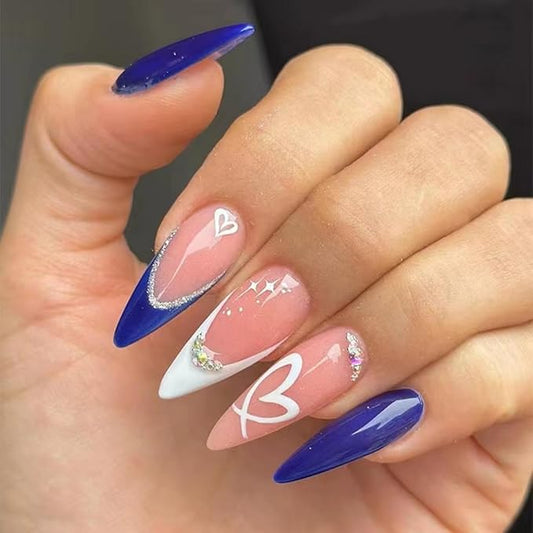 Stiletto Press on Nails Medium Blue Fake Nails Heart False Nails with Design Rhinestone Glue on Nails Artificial French Acrylic Nail Glossy Full Cover Stick on Nails for Women Girls Manicure 24pcs