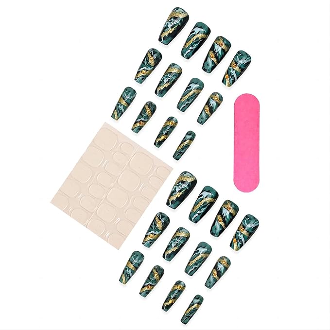 Medium Press-on Nails - Green Acrylic False Nails with Rhinestones & Glitter, Marble Pattern, Artificial Stick-on Nails for Women