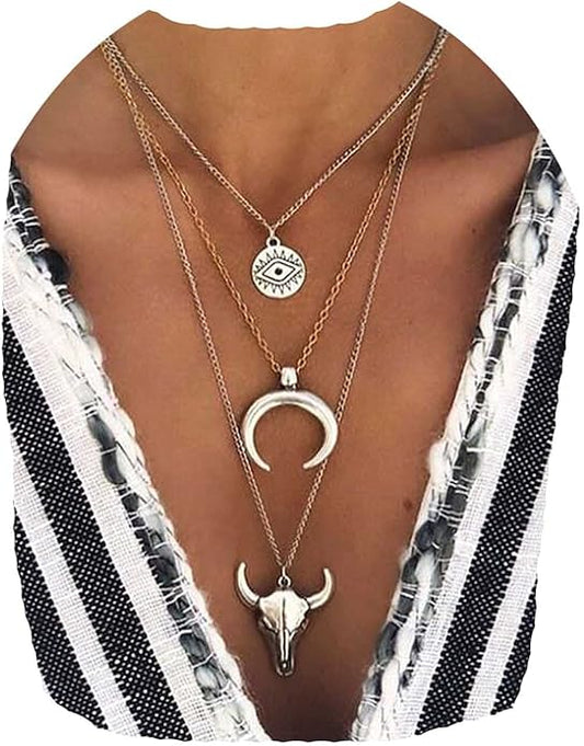 Boho Layered Moon Necklace Silver Compass Disc Pendant Necklace Chain Cow Evil Eye Charm Necklace Jewelry for Women-VivaGrace Women