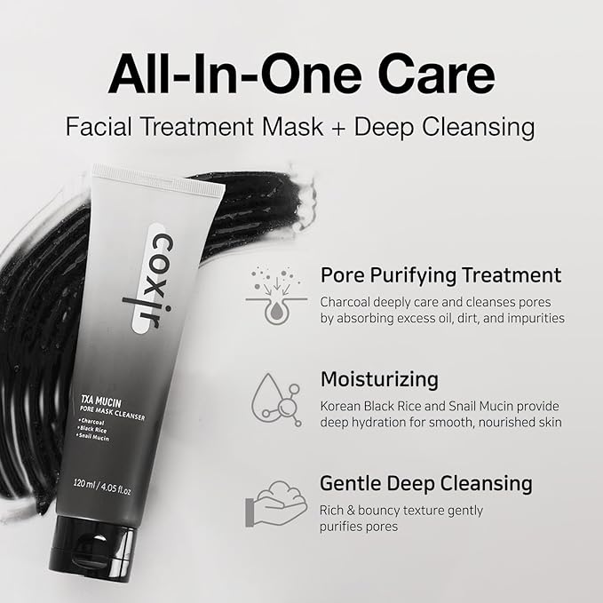coxir TXA MUCIN ALL-IN-1 PORE MASK –Gelato Texture Wash-Off treatment | Ampoule Mask-to-Foam | Charcoal+ Snail+TXA | Blackhead Remover |Daily Pore Detox for Oily & Sensitive Skin|4.05fl.oz-VivaGrace Women