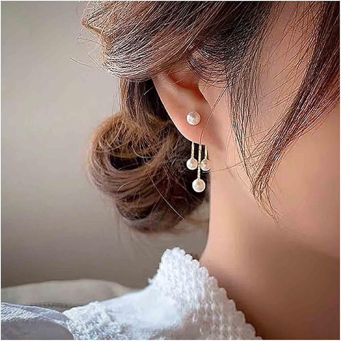 Boho Pearl Drop Dangle Earrings Gold Pearl Ear Jacket Earrings Vintage Dangle Pearl Tassel Earrings Double Way Front Back Earrings Jewelry for Women Gifts-VivaGrace Women