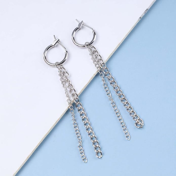 Vintage Layered Chain Dangle Earrings Long Chain Hoop Huggie Earrings Silver Curb Chain Stud Earrings Tassel Chain Drop Earrings Jewelry for Women-VivaGrace Women