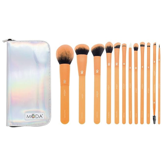 MODA Totally Electric Neon Orange Full Face Makeup Brush Kit – 13pc Vibrant Brush Set for Face & Eyes with Zip Case-VivaGrace Women