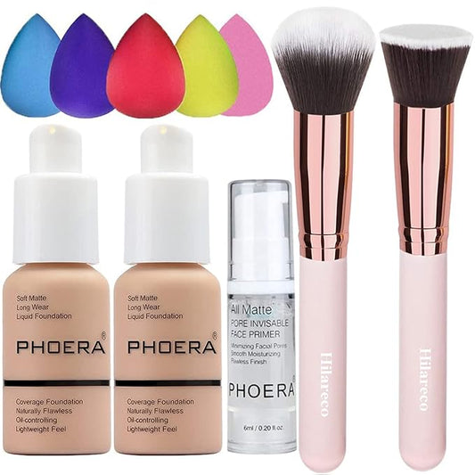 2 Pack PHOERA Foundation Warm Peach 103 and Face Primer,Liquid Full Coverage Foundation Set,Foundation Brush Powder Brush,5 Makeup Sponge, 24HR Matte Oil Control Concealer (103- Warm peach)-VivaGrace Women