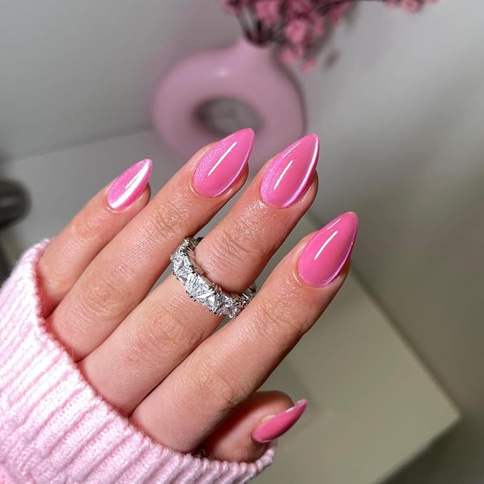 KQueenest 30 Pcs Cat Eye Hot Pink Press on Nail Short Medium Almond, Glitter Fake Nails Glue on Bling, Sparkle Thick Acrylic Nails Press on, Cute Reusable False Nails for Women Nail Art