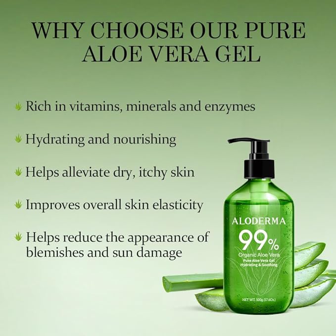 Aloderma 99% Organic Pure Aloe Vera Gel Made within 12 Hours of Harvest, 17.6oz Value Pump, Lightweight Non-Sticky Aloe Vera Gel for Sunburn Relief, Natural, Soothing Aloe Vera for Face & Hair-VivaGrace Women