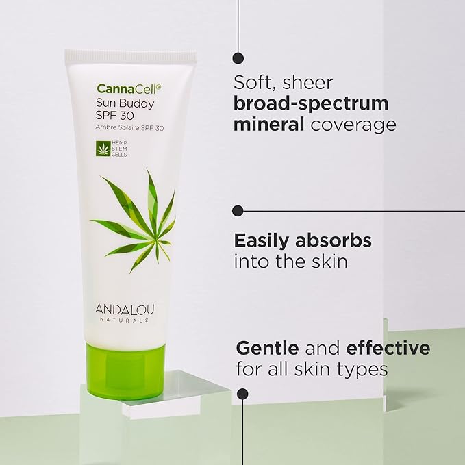 Andalou Naturals Face Sunscreen, CannaCell Sun Buddy SPF 30 with Hemp Stem Cells, Moisturizing Facial Lotion, Broad Spectrum Protection with Non-Nano Zinc Oxide, Reef Safe Sunscreen, 2.7 Fl Oz-VivaGrace Women