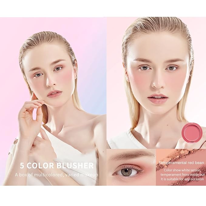 UCANBE 5 Colors Face Blusher Palette Waterproof Matte Long Lasting Lightweight Blush Powder Pink Coral Blushing Pallet with Brush Mirror Women Makeup Gift Set Kit-VivaGrace Women