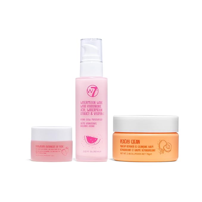 W7 Peachy Clean Makeup Removal, Aftercare & Cleansing Set - Remove Makeup, Moisturise & Soothe Skin and Lips - Including Sweet Dreams Overnight Lip Mask and Watermelon Wave Hydro-Glow Moisturiser-VivaGrace Women
