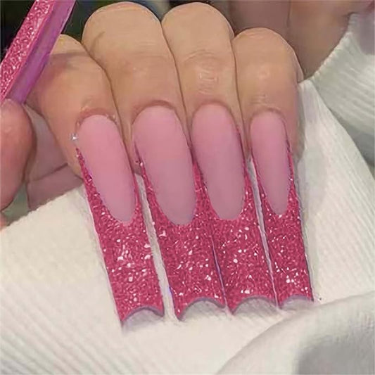 XL Press on Nails,Long Press on Nails with Design Square Press on False Nails French Tip Glue on Nails for Women 24pcs (Pink)