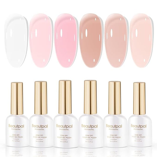 Beautpal Jelly Gel Nail Polish Set Sheer Nude Jelly Pink Gel Polish Transparent Gel Polish Set for Salon Gel Manicure and Nail Art DIY at Home 8ML 6PCS