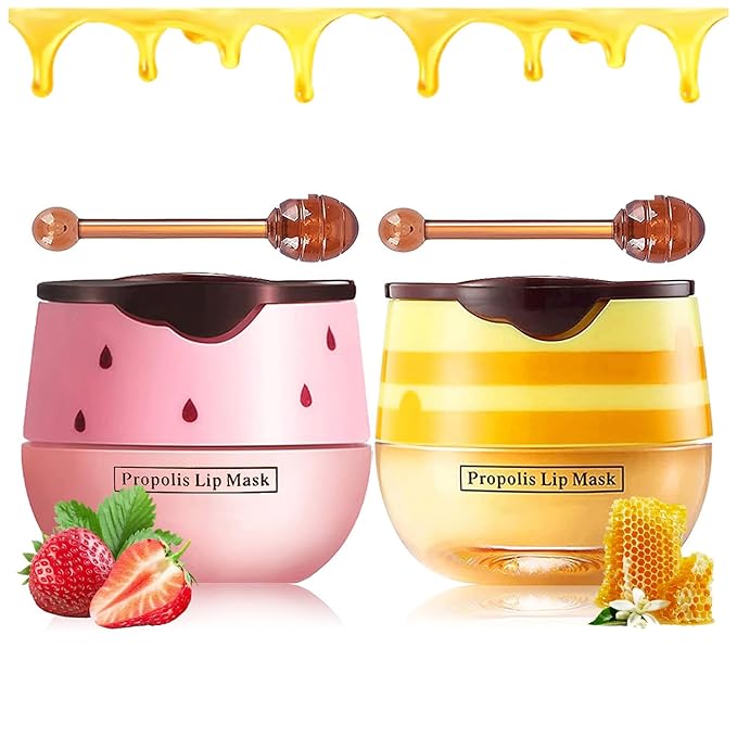 Honey Lip Balm Pot, Propolis Lip Mask, Strawberry Hydrating Propolis Lip Sleeping Mask, Prevent Dry&Cracked, Lip Repair Nourishes the Lip Skin (Honey & Strawberry)-VivaGrace Women
