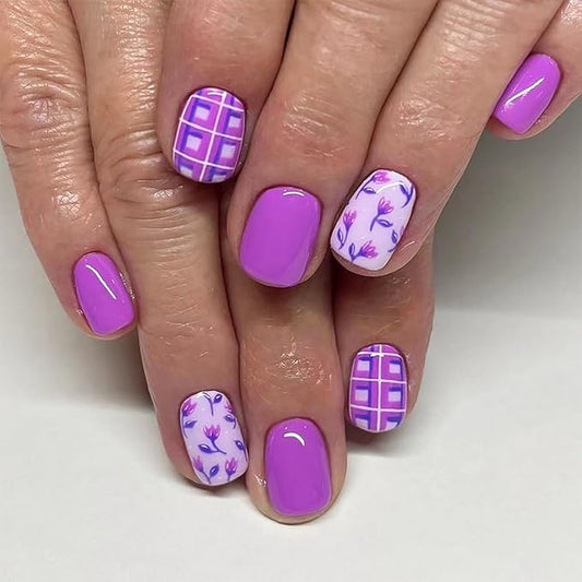 24Pcs Purple Flower Press on Nails Short Square Fake Nails Purple Floral Checkerboard Stripe Designs Press Ons Full Cover Glossy Glue on Nails Purple False Nails Reusable Coffin Nails for Women Girls