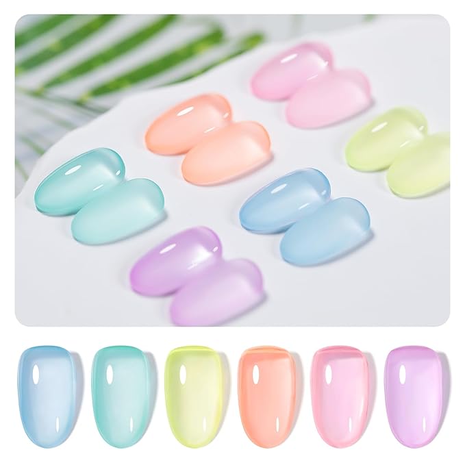 RARJSM Pastel Stained Glass Gel Nail Polish Set 6pcs Clear Orange Yellow Blue Pink Purple Crytal Transparent Jelly Series Sheer Amber Gel Varnish LED UV Curing Requires Spring Easter French Manicure-VivaGrace Women