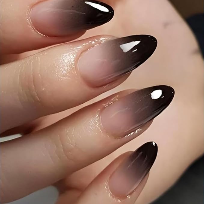Ombre Black Fake Nails Medium Almond Press on Nails with Designs False Nails Glossy Glue on Artificial Nails for Women and Girls