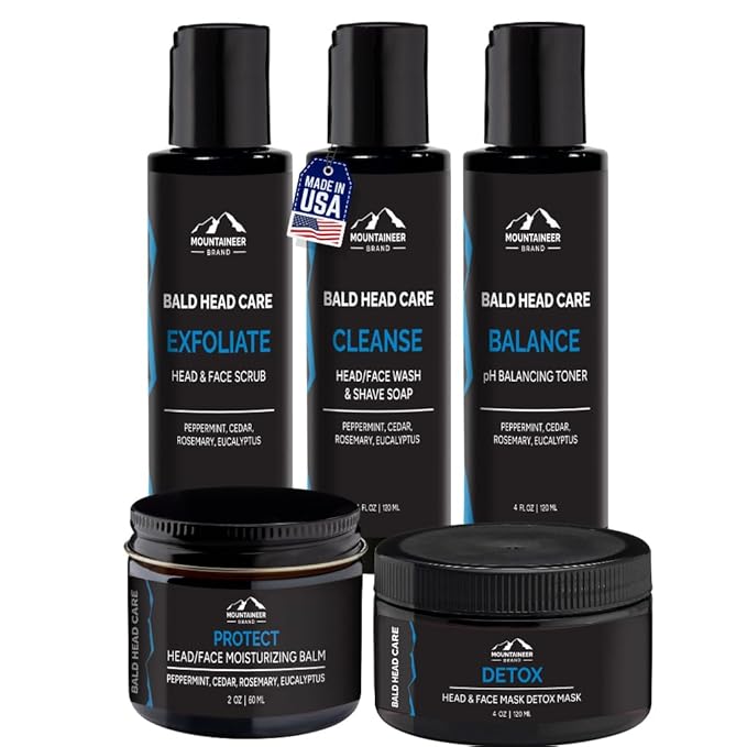 Mountaineer Brand Ultimate Bald Head Care Gifts Bundle For Men | All Natural 5 Step Skin Care for Healthy Scalp & Face | Exfoliate Scrub | Cleanse Wash | Shine Away | Moisturizing Balm | Detox-VivaGrace Women